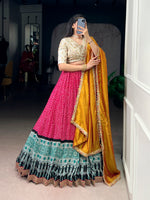 Thumbnail for Lorenvalley Fashion Pink Rayon Bandhej and Ajrakh Print with Sequins and Thread Embroidery Lehenga Choli with Dupatta - Distacart