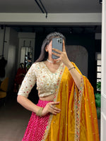 Thumbnail for Lorenvalley Fashion Pink Rayon Bandhej and Ajrakh Print with Sequins and Thread Embroidery Lehenga Choli with Dupatta - Distacart