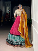 Thumbnail for Lorenvalley Fashion Pink Rayon Bandhej and Ajrakh Print with Sequins and Thread Embroidery Lehenga Choli with Dupatta - Distacart