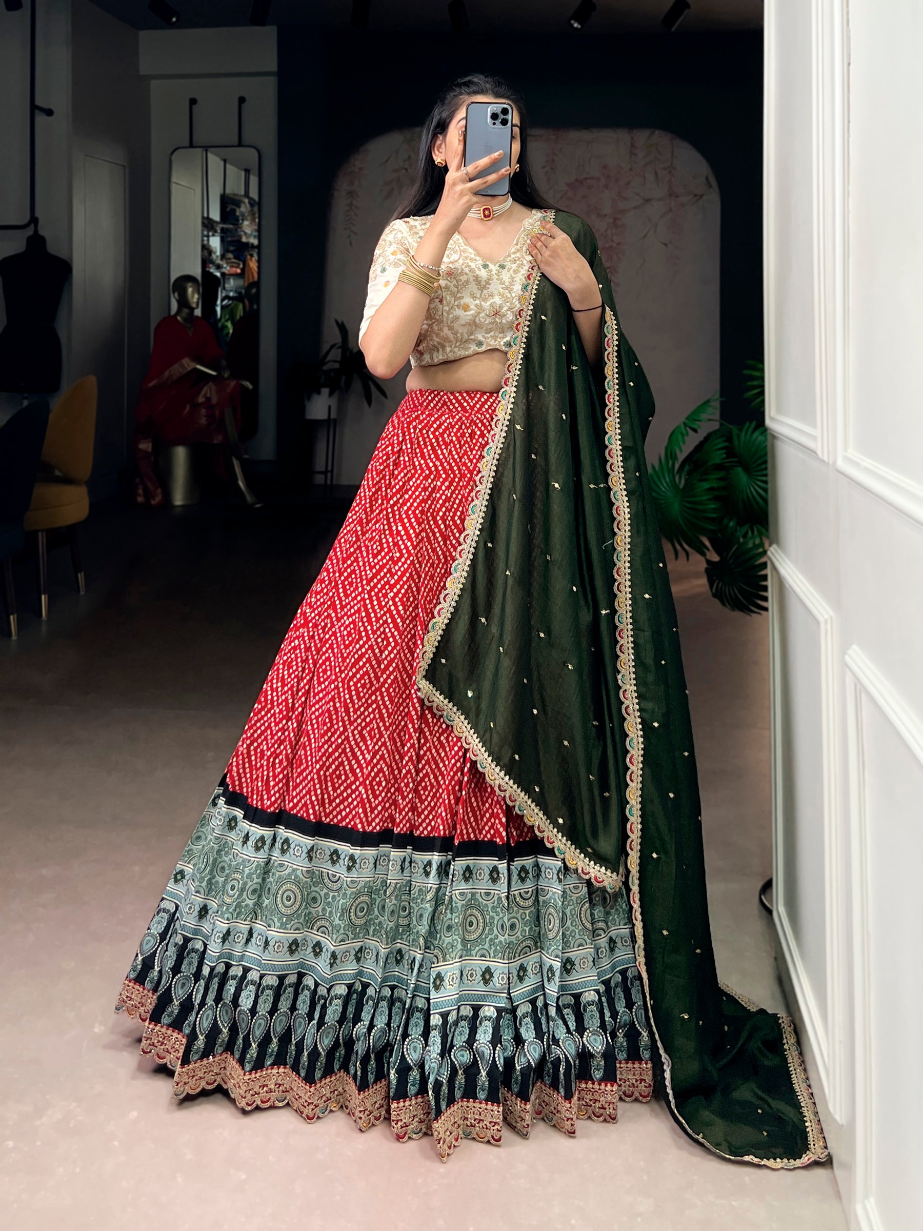 Lorenvalley Fashion Red Rayon Bandhej and Ajrakh Print with Sequins and Thread Embroidery Lehenga Choli with Dupatta