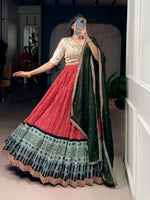 Thumbnail for Lorenvalley Fashion Red Rayon Bandhej and Ajrakh Print with Sequins and Thread Embroidery Lehenga Choli with Dupatta - Distacart
