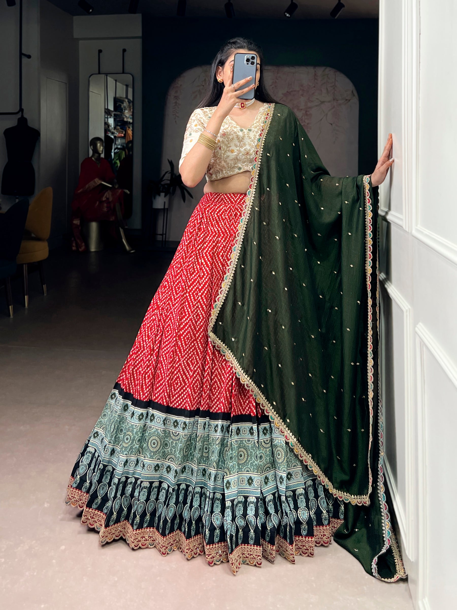 Lorenvalley Fashion Red Rayon Bandhej and Ajrakh Print with Sequins and Thread Embroidery Lehenga Choli with Dupatta - Distacart