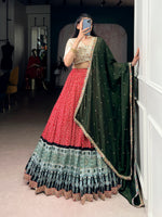 Thumbnail for Lorenvalley Fashion Red Rayon Bandhej and Ajrakh Print with Sequins and Thread Embroidery Lehenga Choli with Dupatta - Distacart