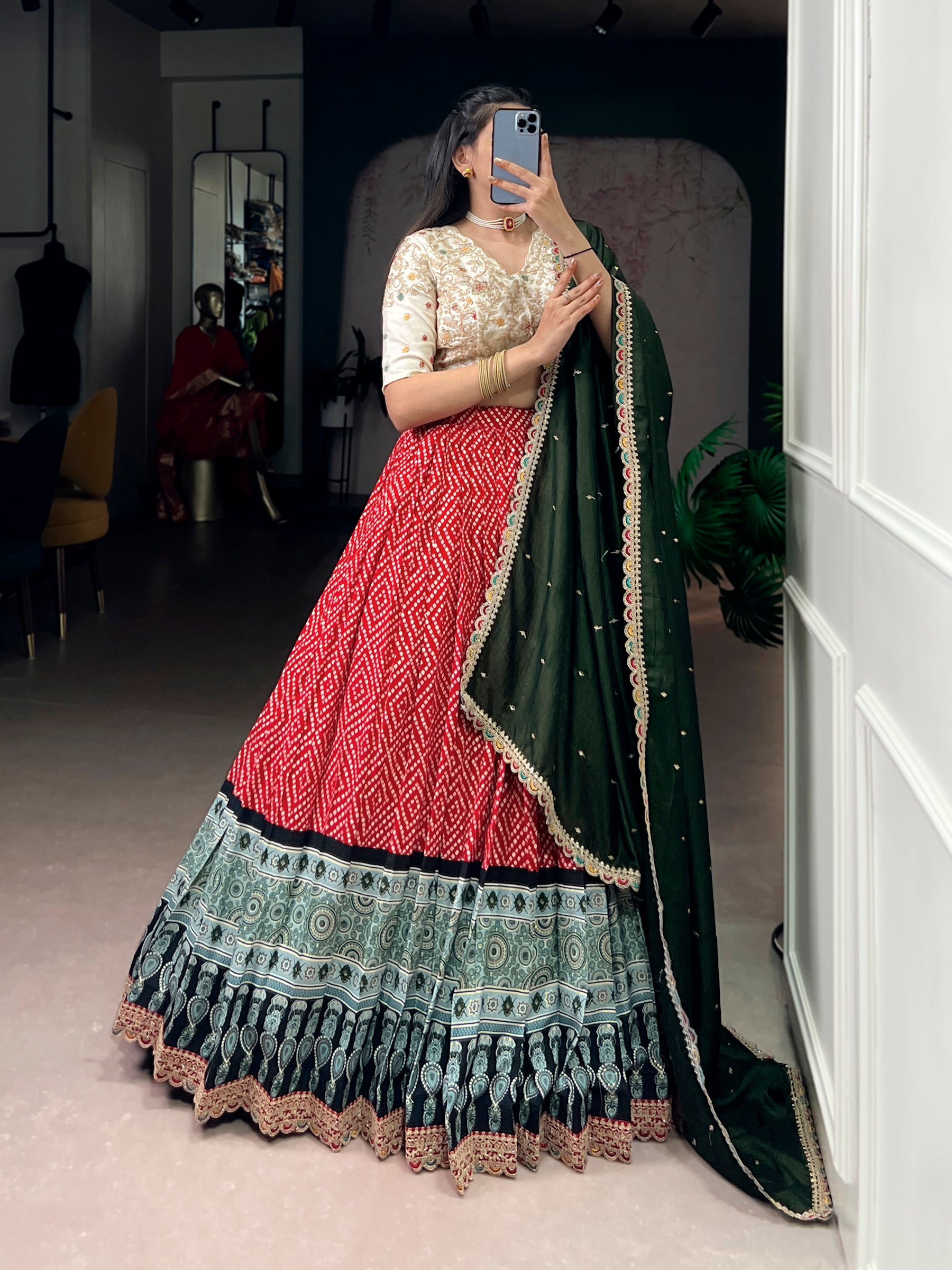 Lorenvalley Fashion Red Rayon Bandhej and Ajrakh Print with Sequins and Thread Embroidery Lehenga Choli with Dupatta - Distacart
