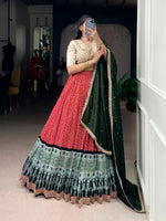 Thumbnail for Lorenvalley Fashion Red Rayon Bandhej and Ajrakh Print with Sequins and Thread Embroidery Lehenga Choli with Dupatta - Distacart