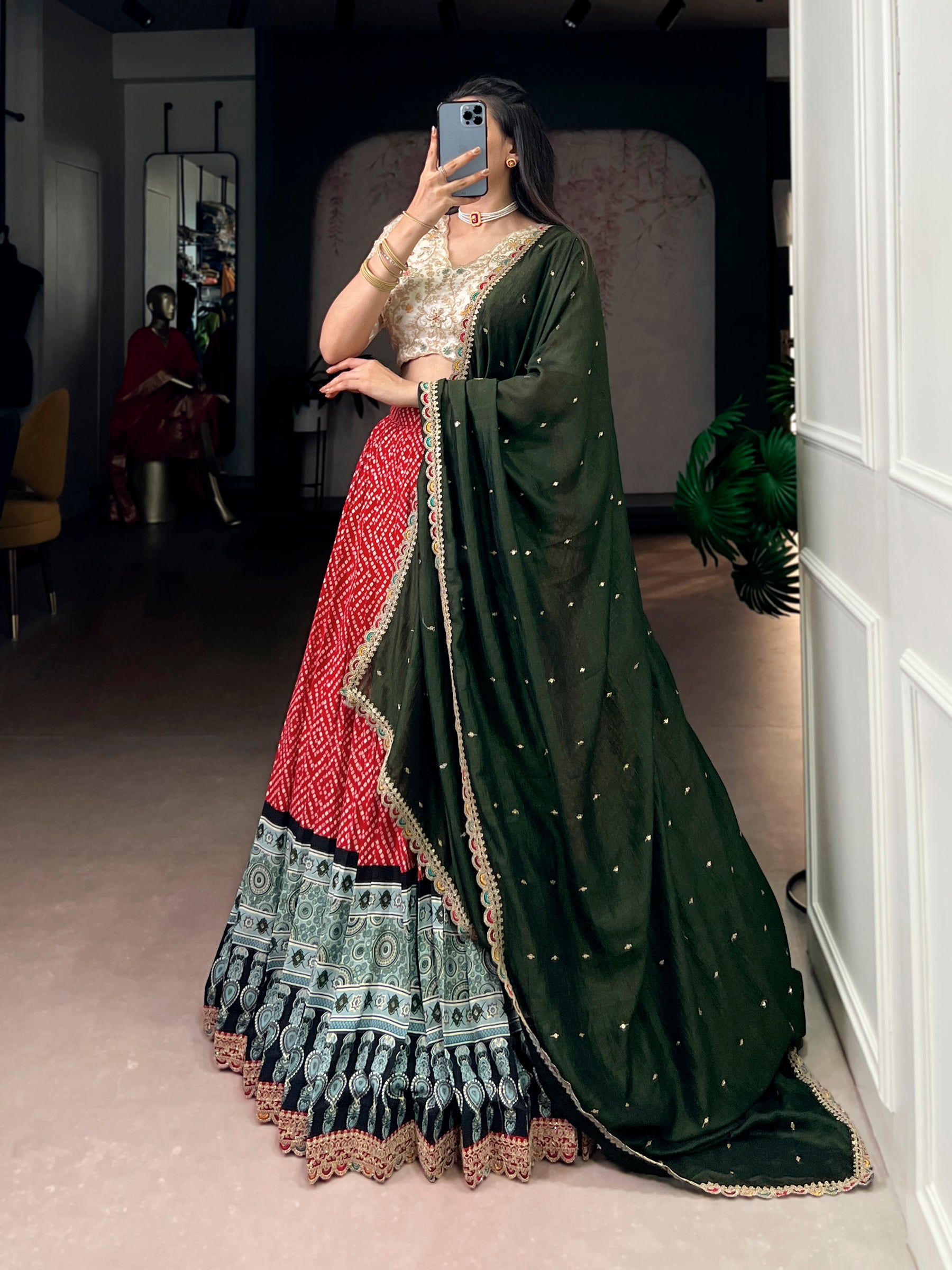 Lorenvalley Fashion Red Rayon Bandhej and Ajrakh Print with Sequins and Thread Embroidery Lehenga Choli with Dupatta - Distacart