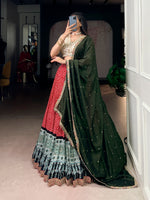 Thumbnail for Lorenvalley Fashion Red Rayon Bandhej and Ajrakh Print with Sequins and Thread Embroidery Lehenga Choli with Dupatta - Distacart