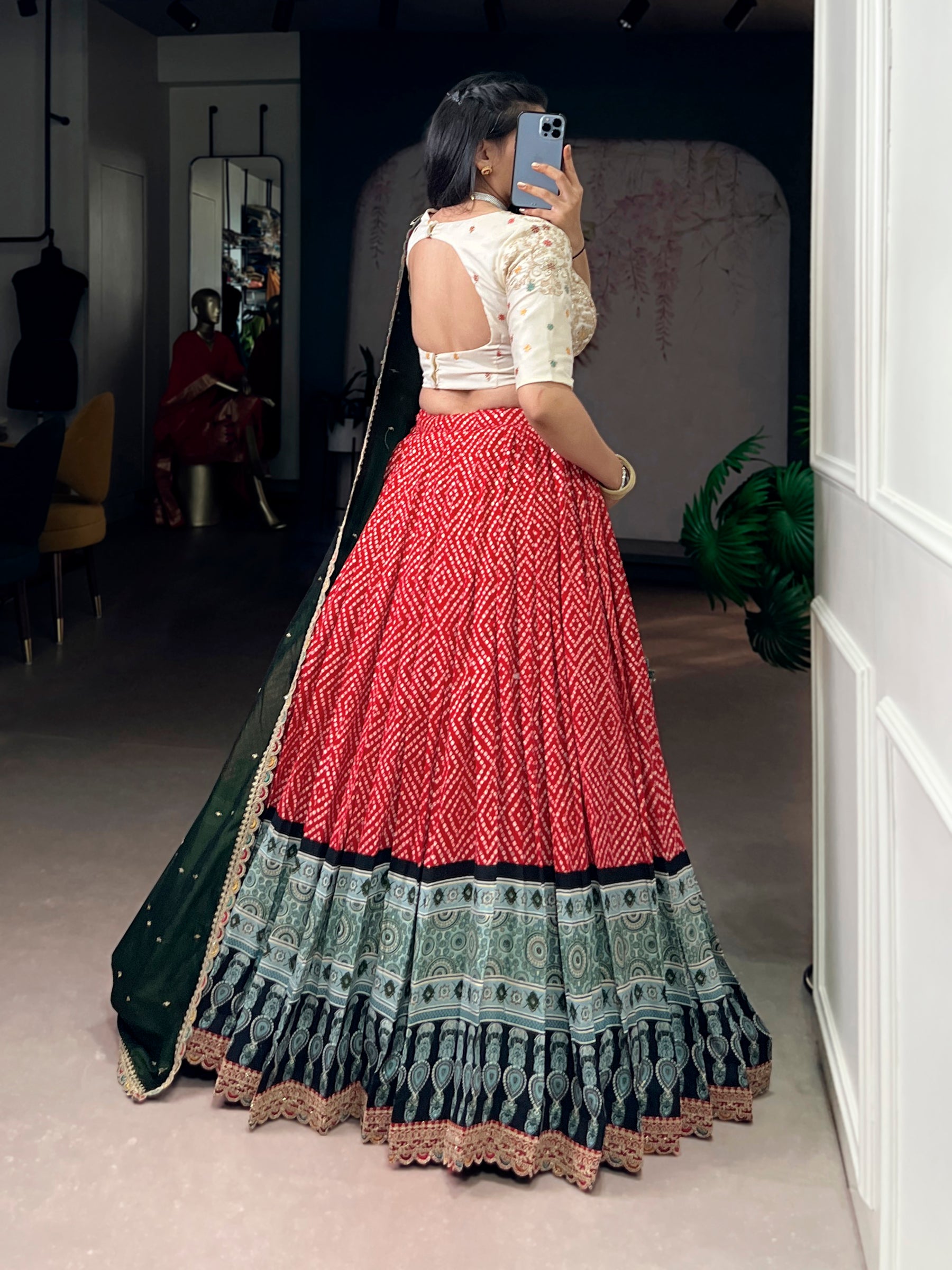 Lorenvalley Fashion Red Rayon Bandhej and Ajrakh Print with Sequins and Thread Embroidery Lehenga Choli with Dupatta - Distacart