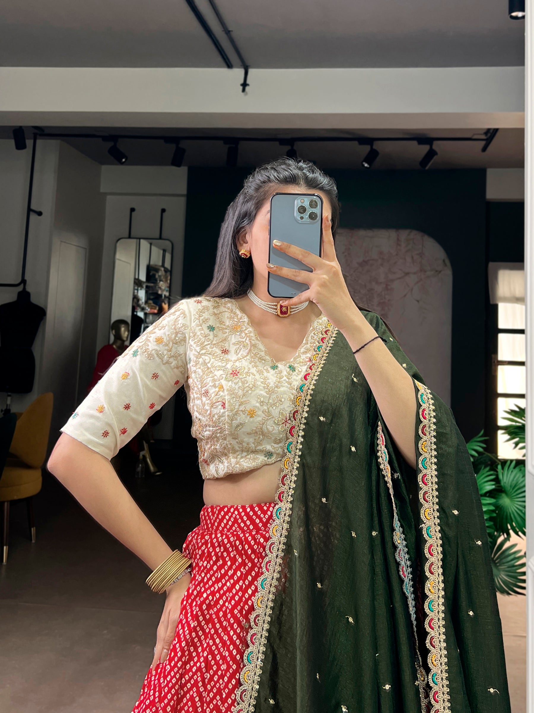 Lorenvalley Fashion Red Rayon Bandhej and Ajrakh Print with Sequins and Thread Embroidery Lehenga Choli with Dupatta - Distacart