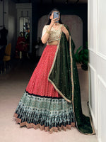 Thumbnail for Lorenvalley Fashion Red Rayon Bandhej and Ajrakh Print with Sequins and Thread Embroidery Lehenga Choli with Dupatta - Distacart
