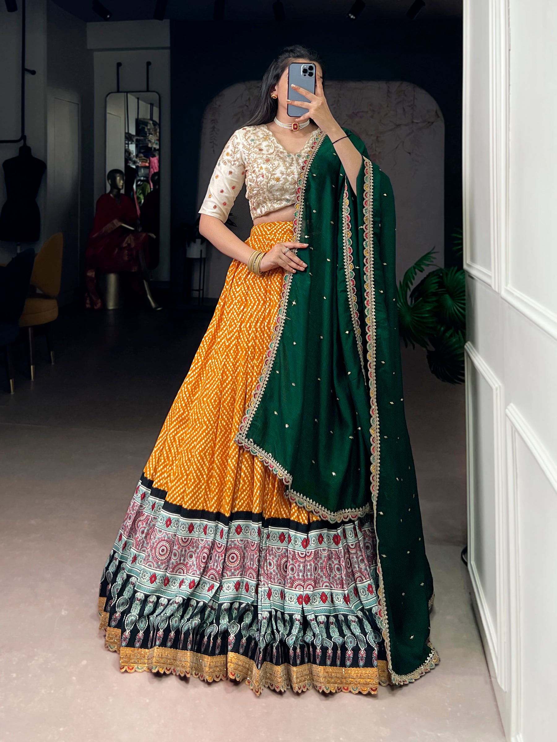 Lorenvalley Fashion Yellow Rayon Bandhej and Ajrakh Print with Sequins and Thread Embroidery Lehenga Choli with Dupatta