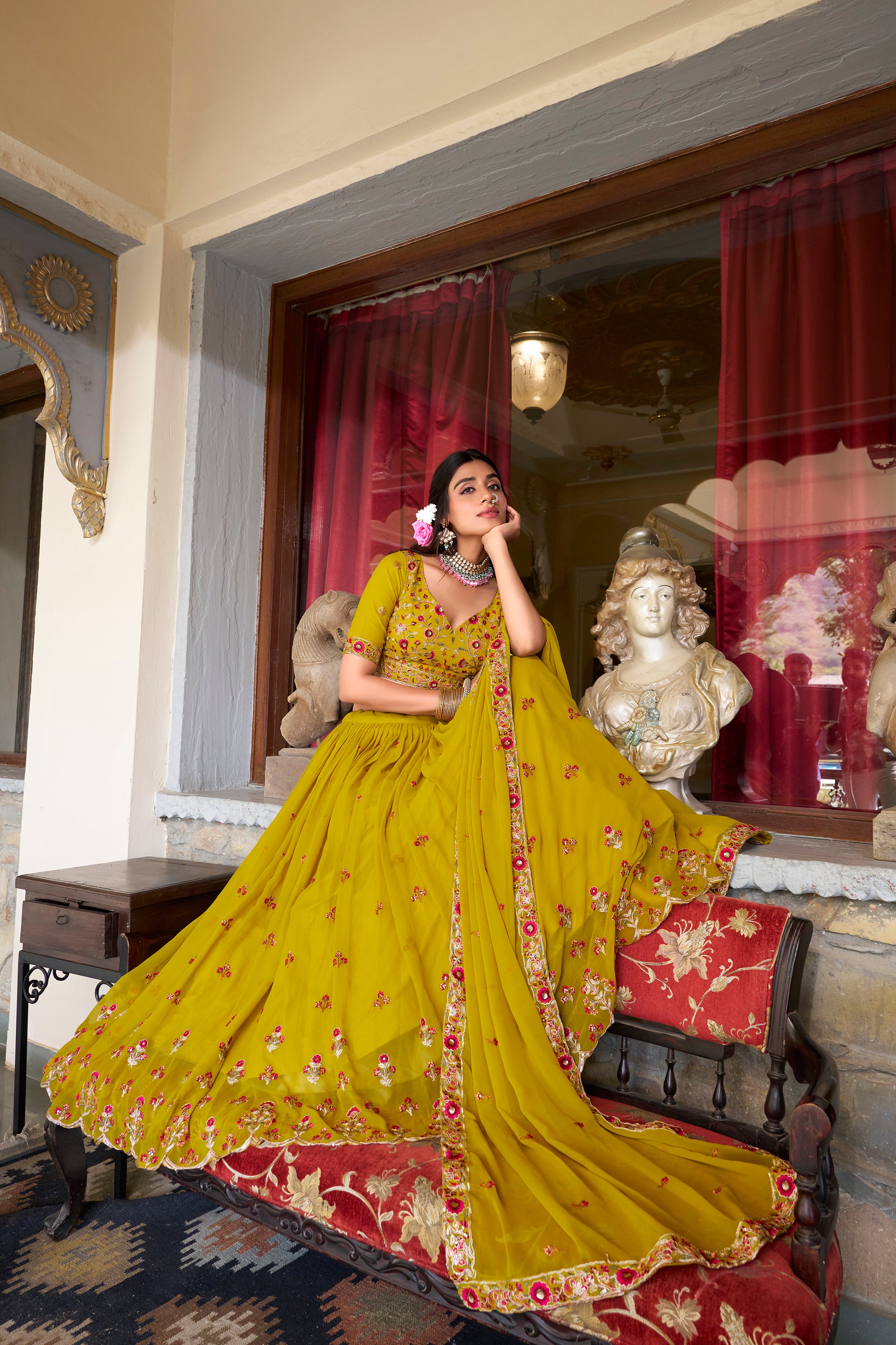 Lorenvalley Mustard Georgette Sequins and Thread Embroidery Work Lehenga Choli - Distacart
