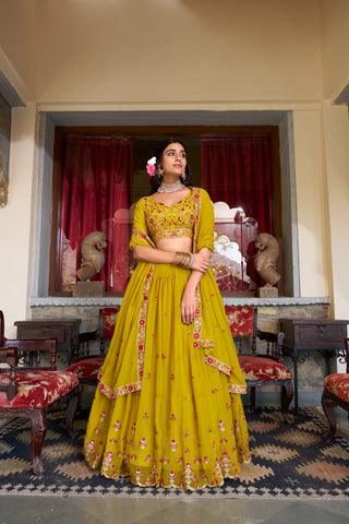 Lorenvalley Mustard Georgette Sequins and Thread Embroidery Work Lehenga Choli - Distacart