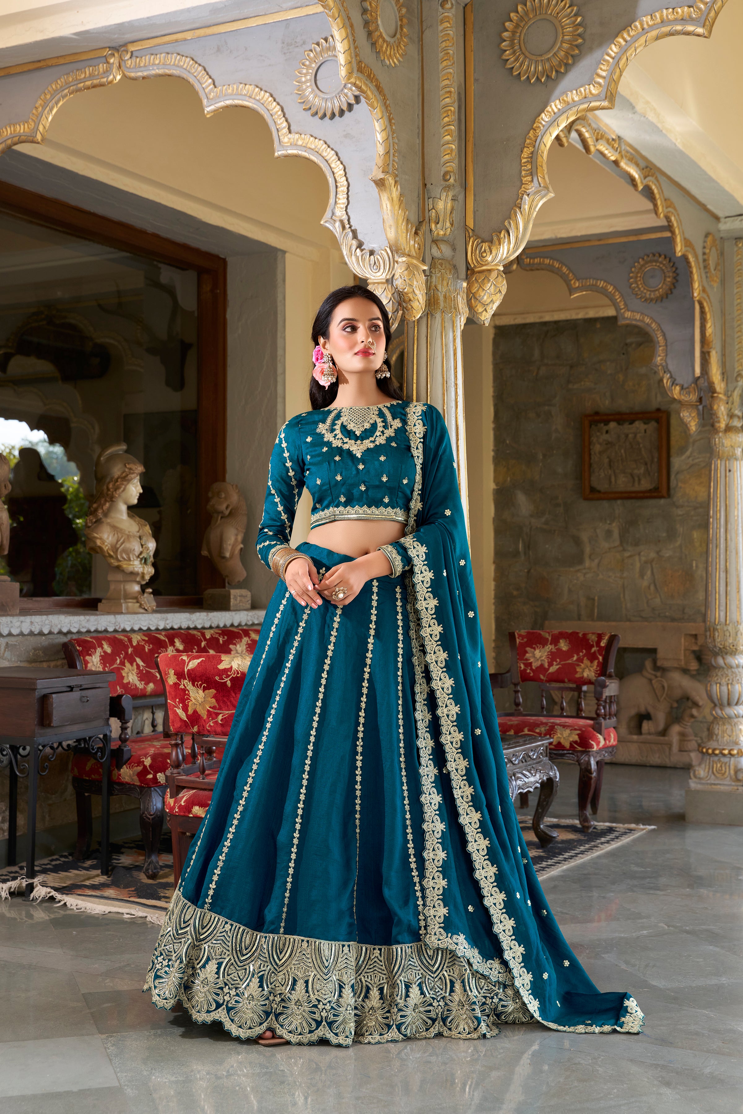 Lorenvalley Rama Vichitra Silk Sequins and Thread Embroidery Work Lehenga Choli - Distacart