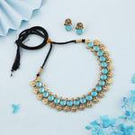 Thumbnail for Tehzeeb Creations Sky Blue Colour Gold-Polished Stone Jewellery Choker Necklace Set With Matching Pair of Stud Earrings - Distacart