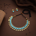 Thumbnail for Tehzeeb Creations Sky Blue Colour Gold-Polished Stone Jewellery Choker Necklace Set With Matching Pair of Stud Earrings - Distacart