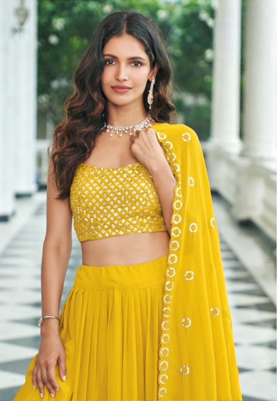 Anaita Yellow Georgette Stitched Lehenga Choli With Sequence & Thread Work - Distacart