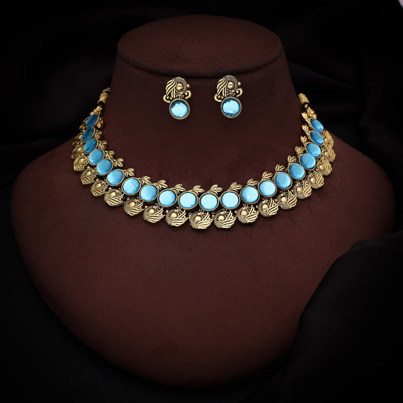 Tehzeeb Creations Sky Blue Colour Gold-Polished Stone Jewellery Choker Necklace Set With Matching Pair of Stud Earrings - Distacart