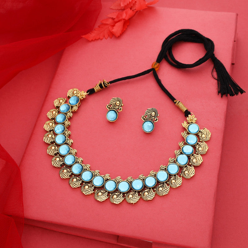 Tehzeeb Creations Sky Blue Colour Gold-Polished Stone Jewellery Choker Necklace Set With Matching Pair of Stud Earrings - Distacart