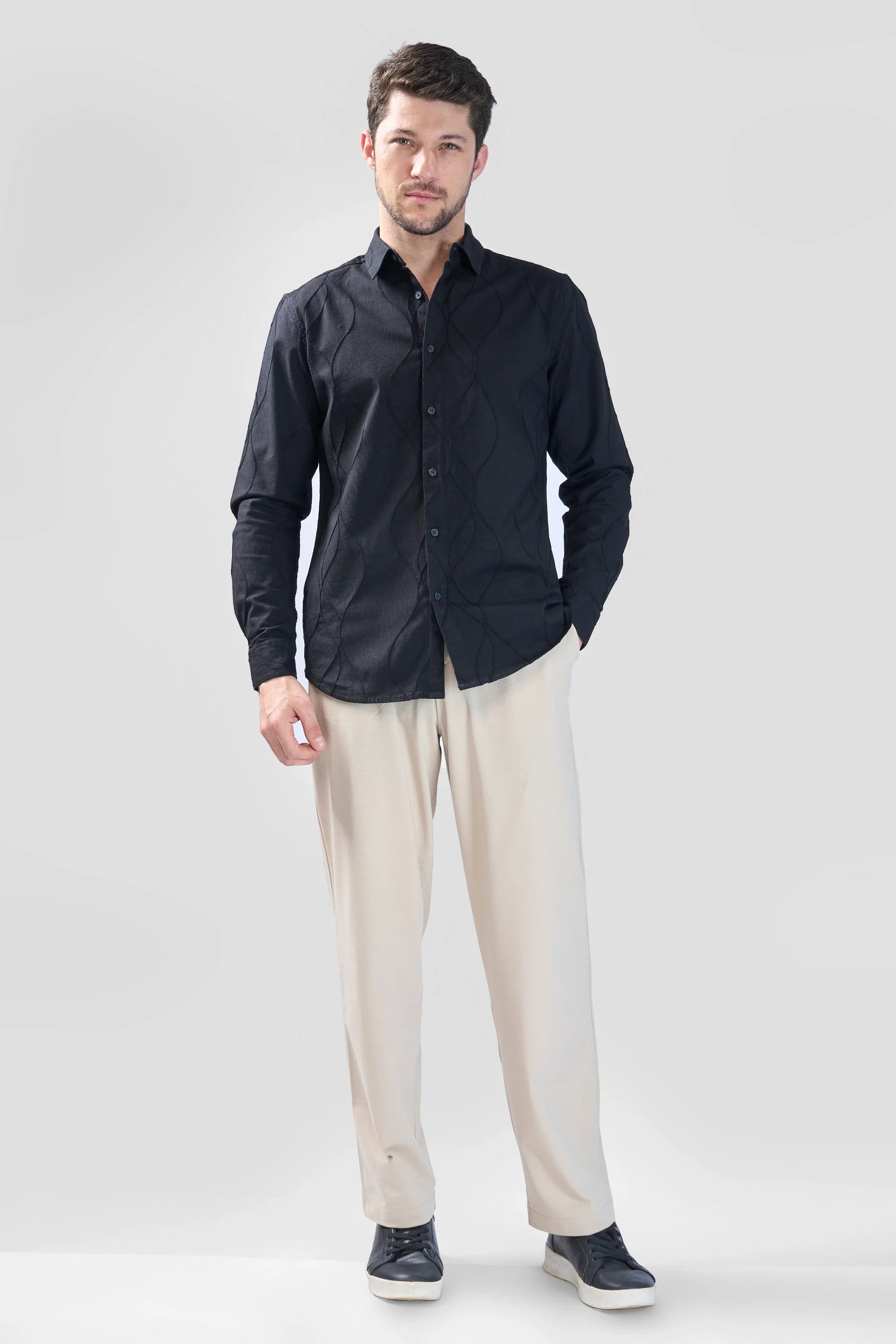 Xkind Black Embroidery Full Sleeve Slim Fit Shirt