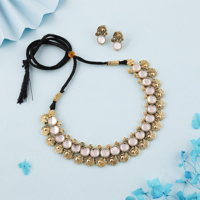 Tehzeeb Creations White Colour Gold-Polished Stone Jewellery Choker Necklace Set With Matching Pair of Stud Earrings - Distacart