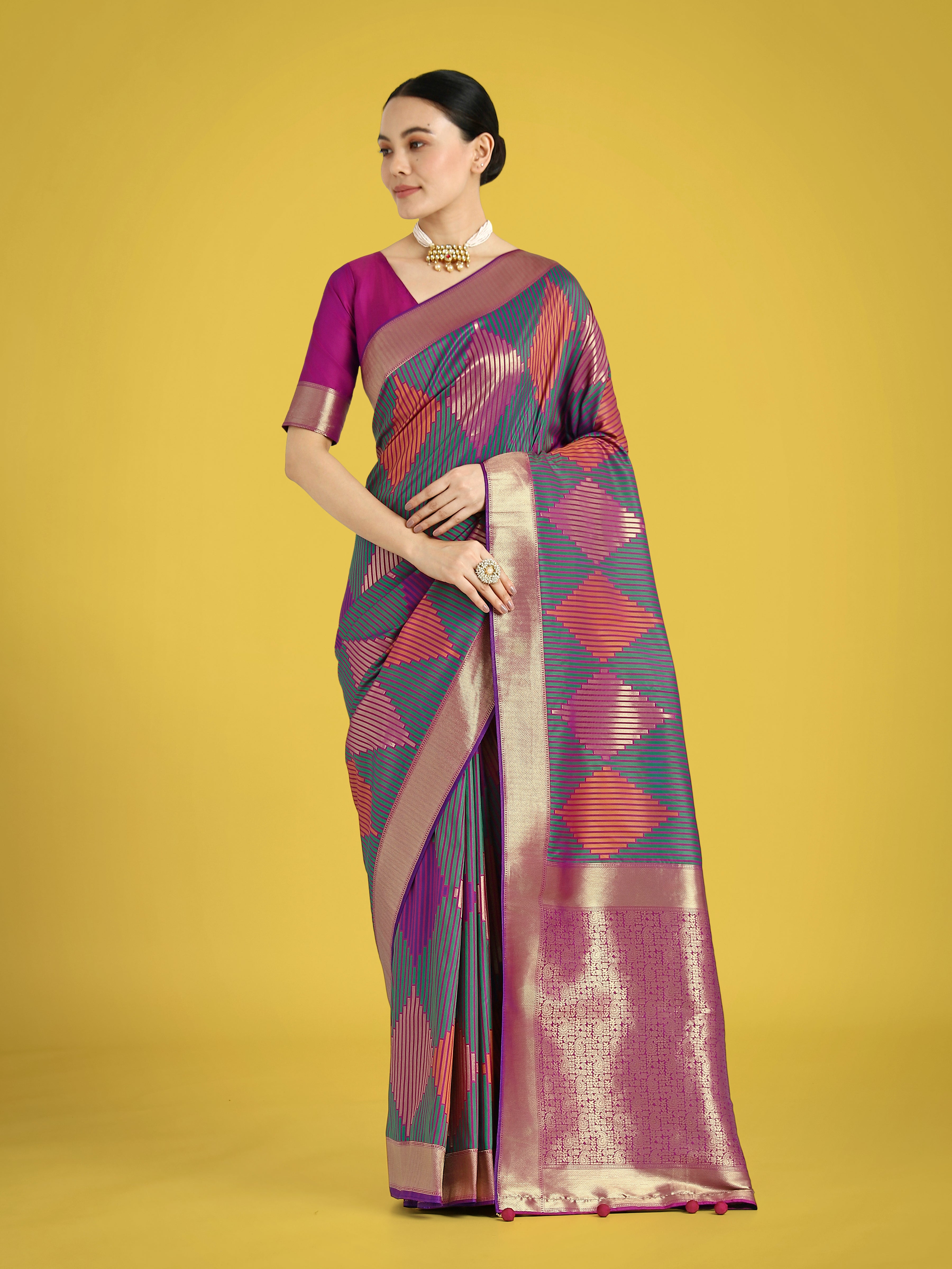 Monjolika Fashion Multi Colour Banarasi Silk Zari Weaving Classic Saree