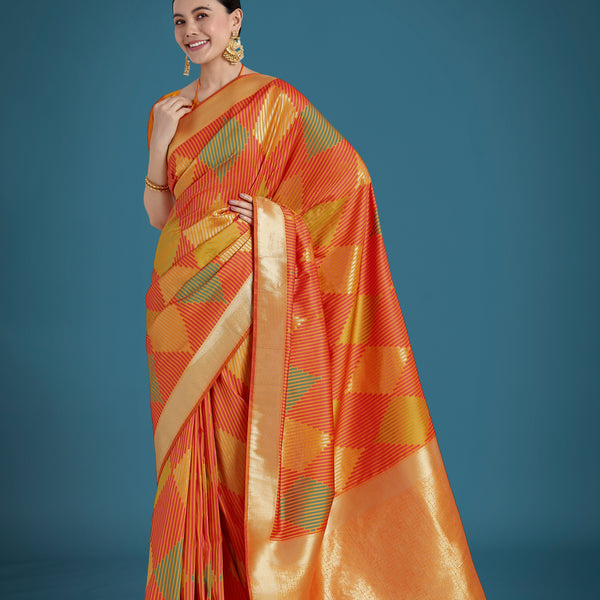 Monjolika Fashion Orange Colour Banarasi Silk Zari Weaving Classic Saree - Distacart