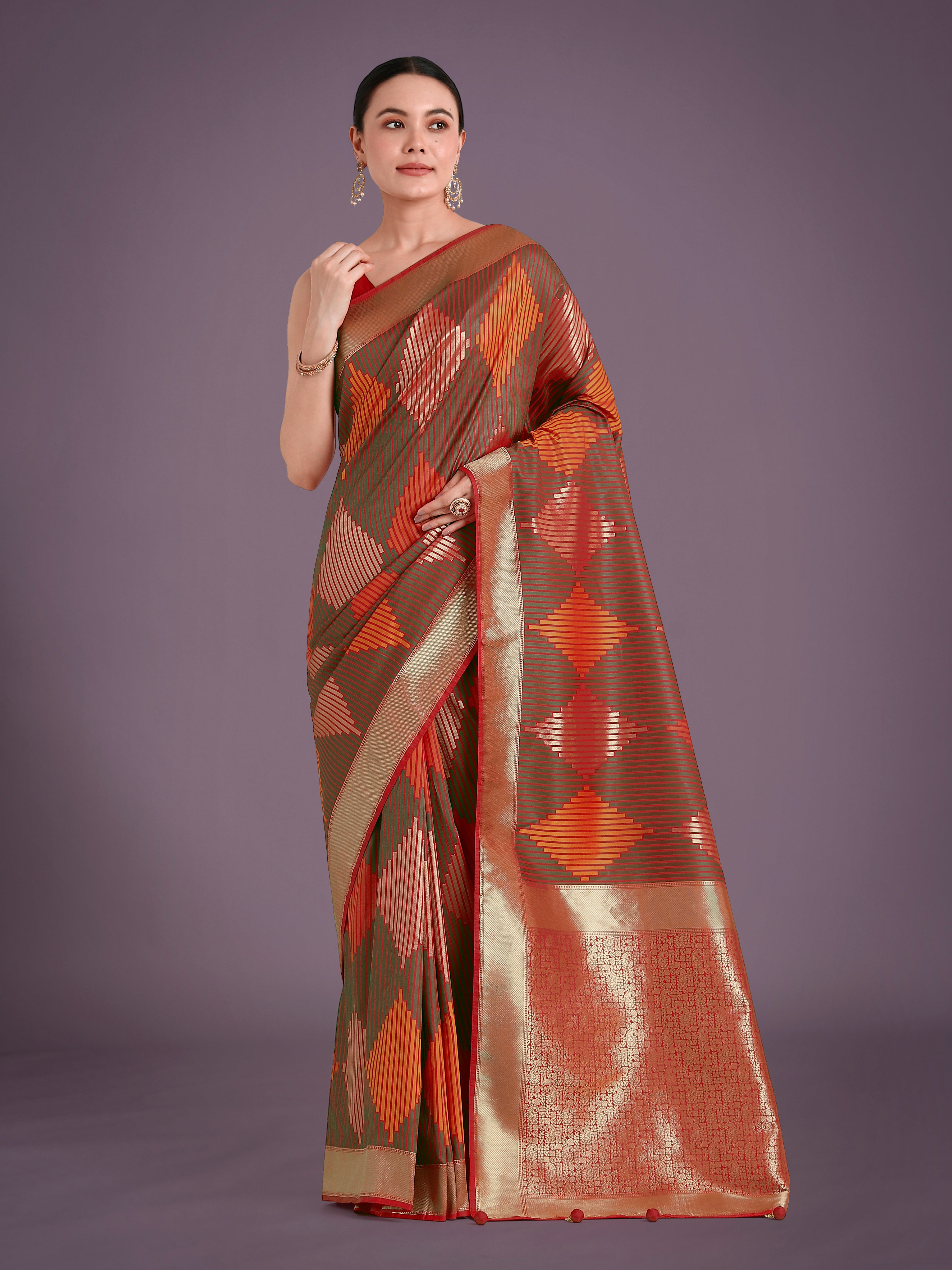 Monjolika Fashion Red Colour Banarasi Silk Zari Weaving Classic Saree