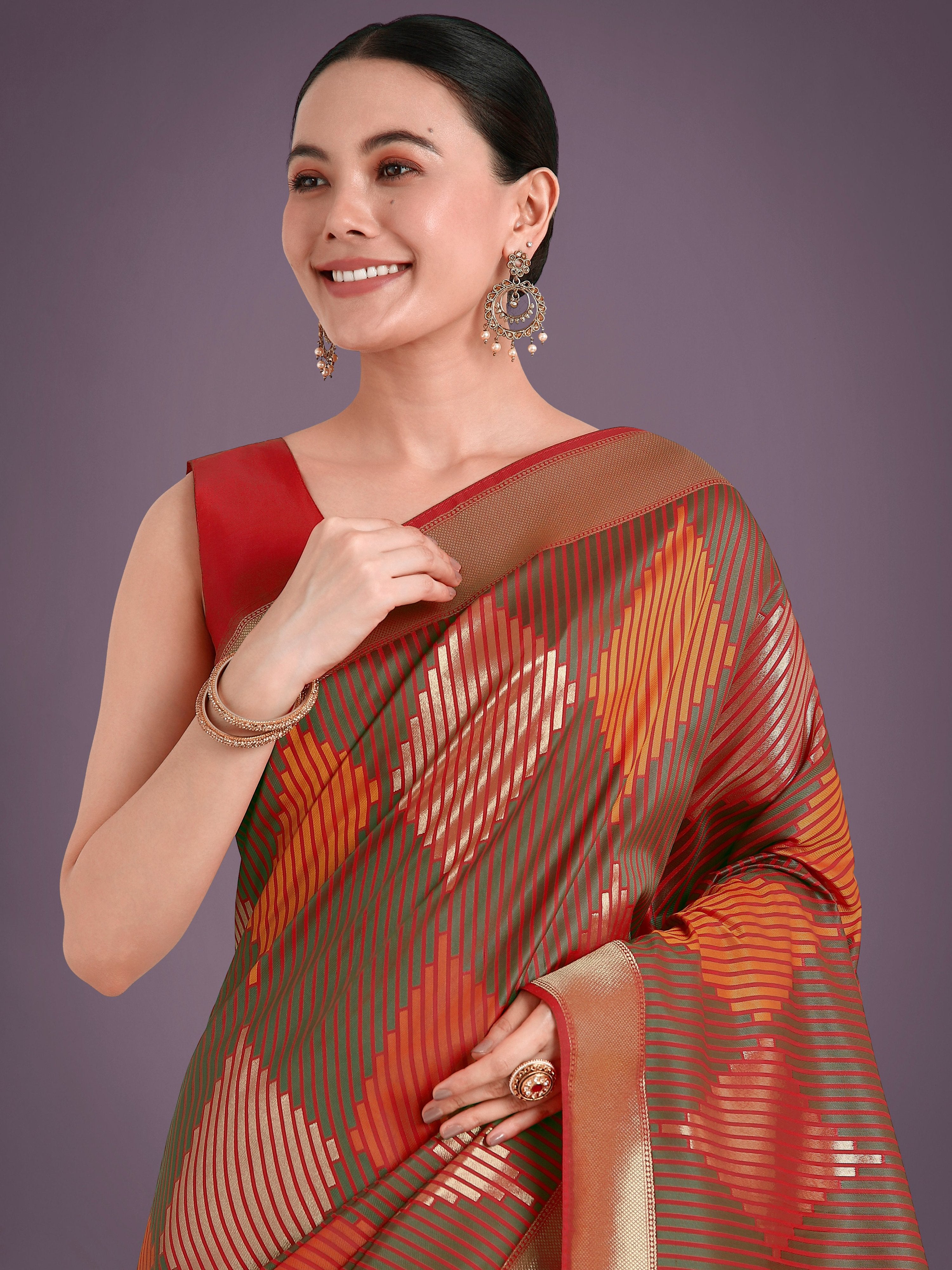 Monjolika Fashion Red Colour Banarasi Silk Zari Weaving Classic Saree