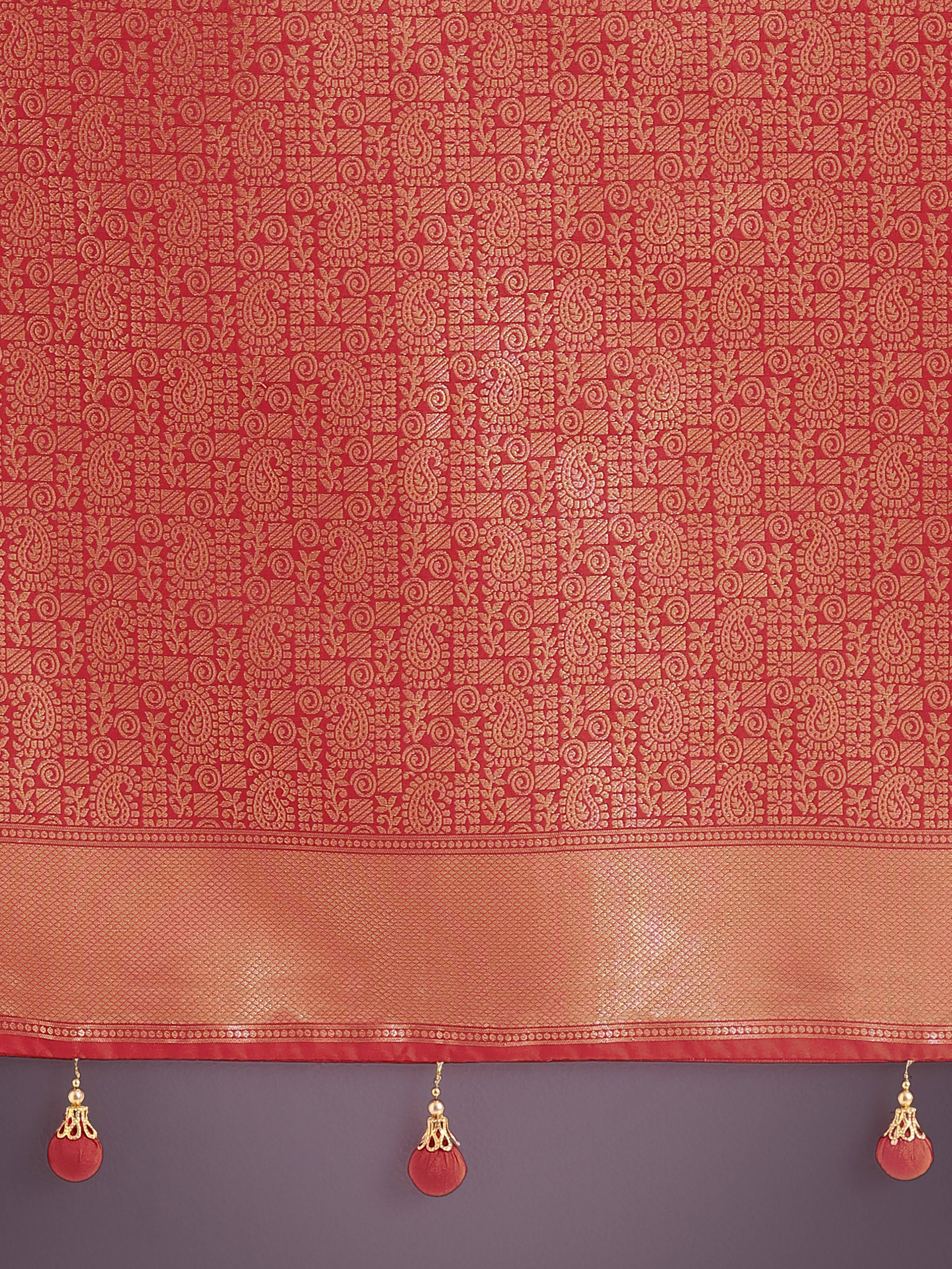 Monjolika Fashion Red Colour Banarasi Silk Zari Weaving Classic Saree