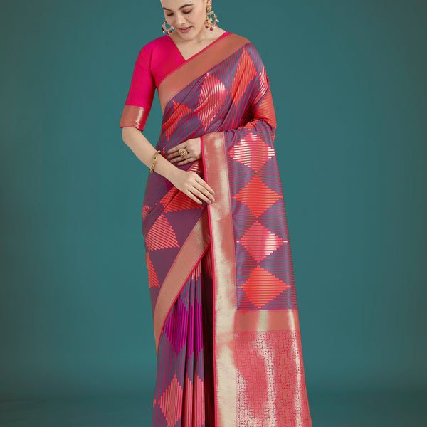Monjolika Fashion Pink Colour Banarasi Satin Silk Zari Weaving Classic Saree - Distacart