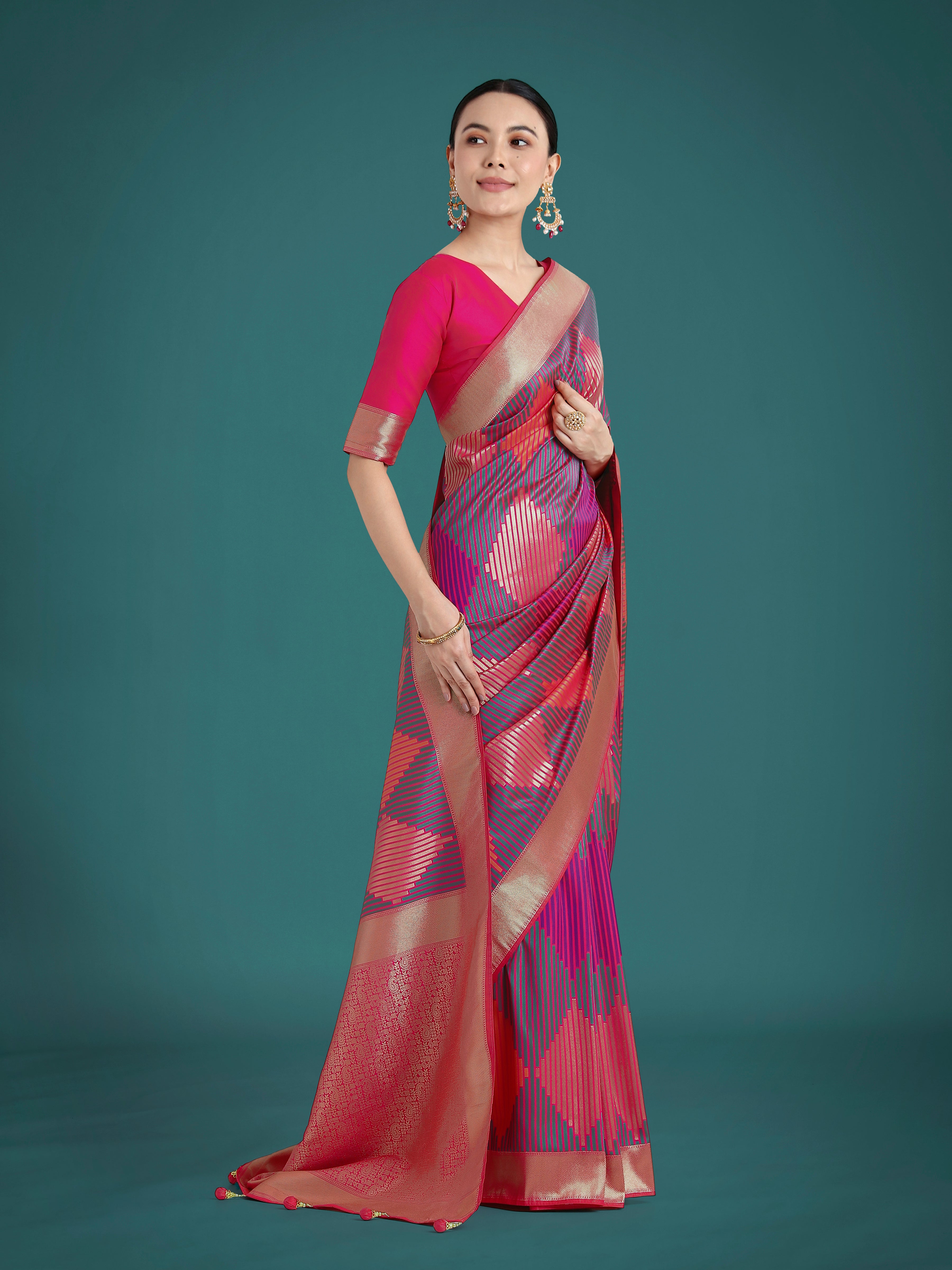 Monjolika Fashion Pink Colour Banarasi Satin Silk Zari Weaving Classic Saree