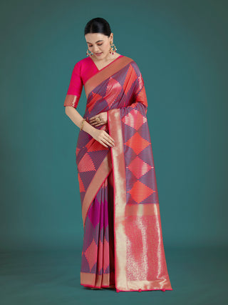 Monjolika Fashion Pink Colour Banarasi Satin Silk Zari Weaving Classic Saree