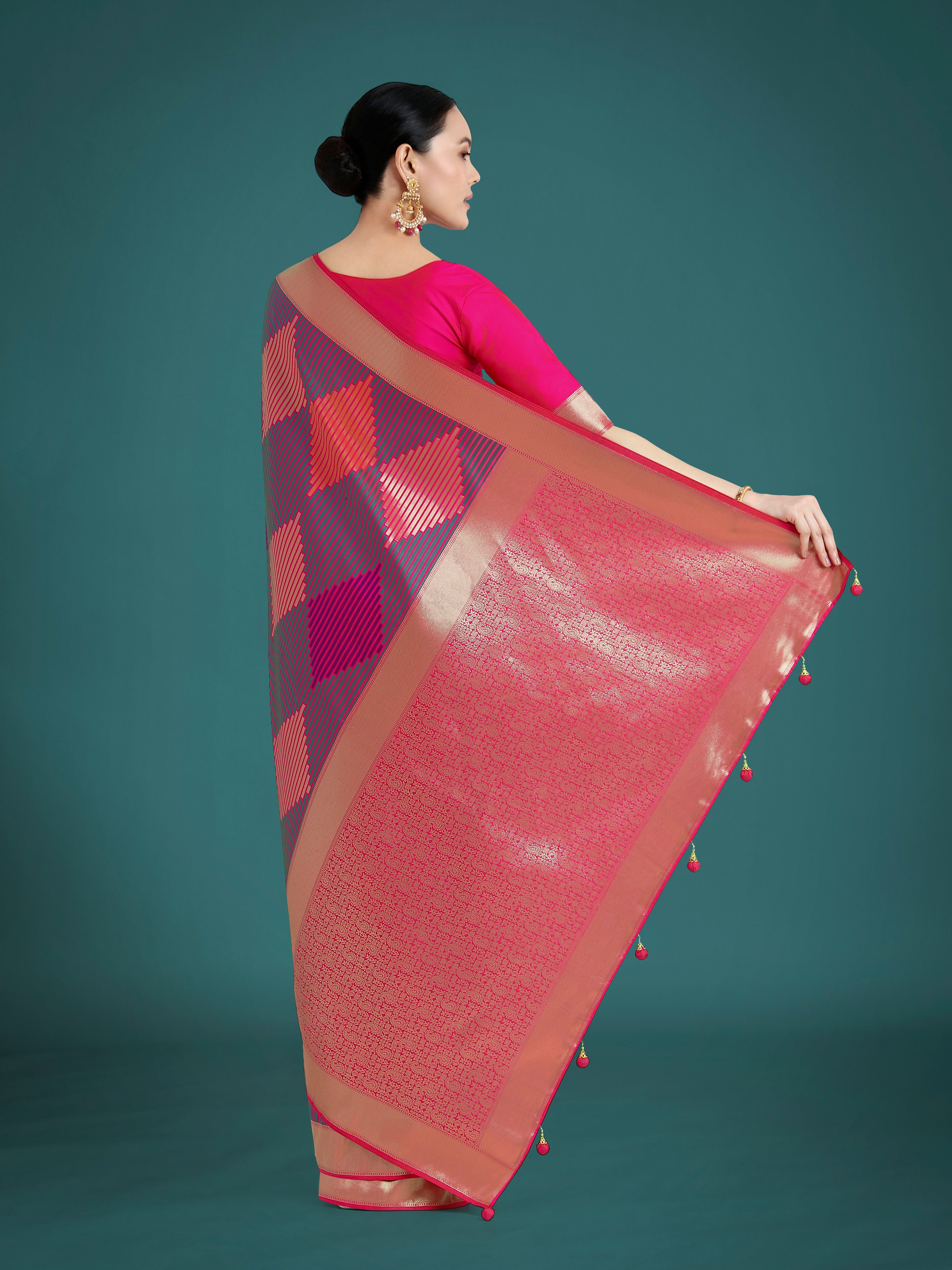Monjolika Fashion Pink Colour Banarasi Satin Silk Zari Weaving Classic Saree