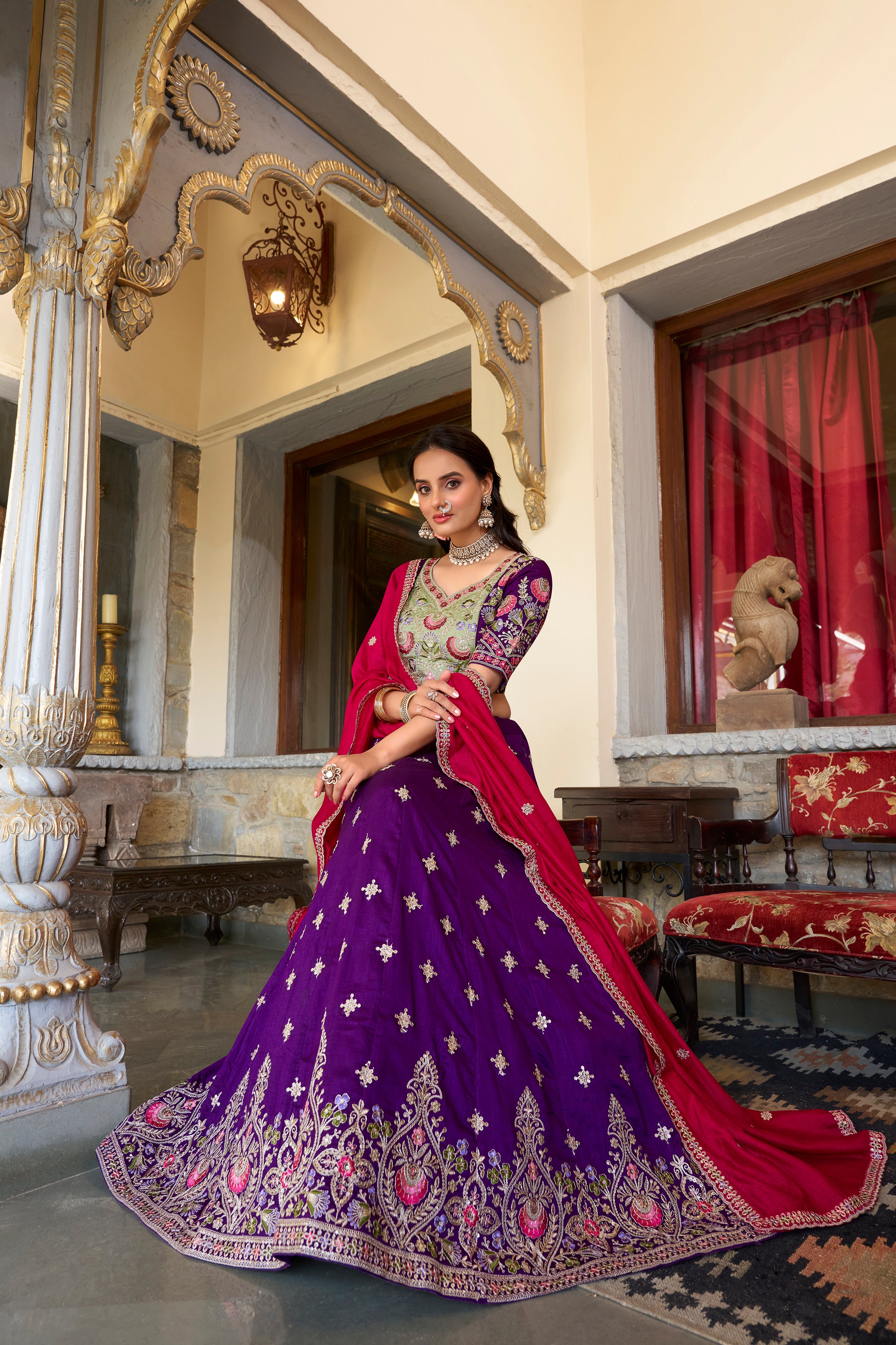 Lorenvalley Purple Vichitra Silk Sequins and Thread Embroidery Work Lehenga Choli with Dupatta - Distacart