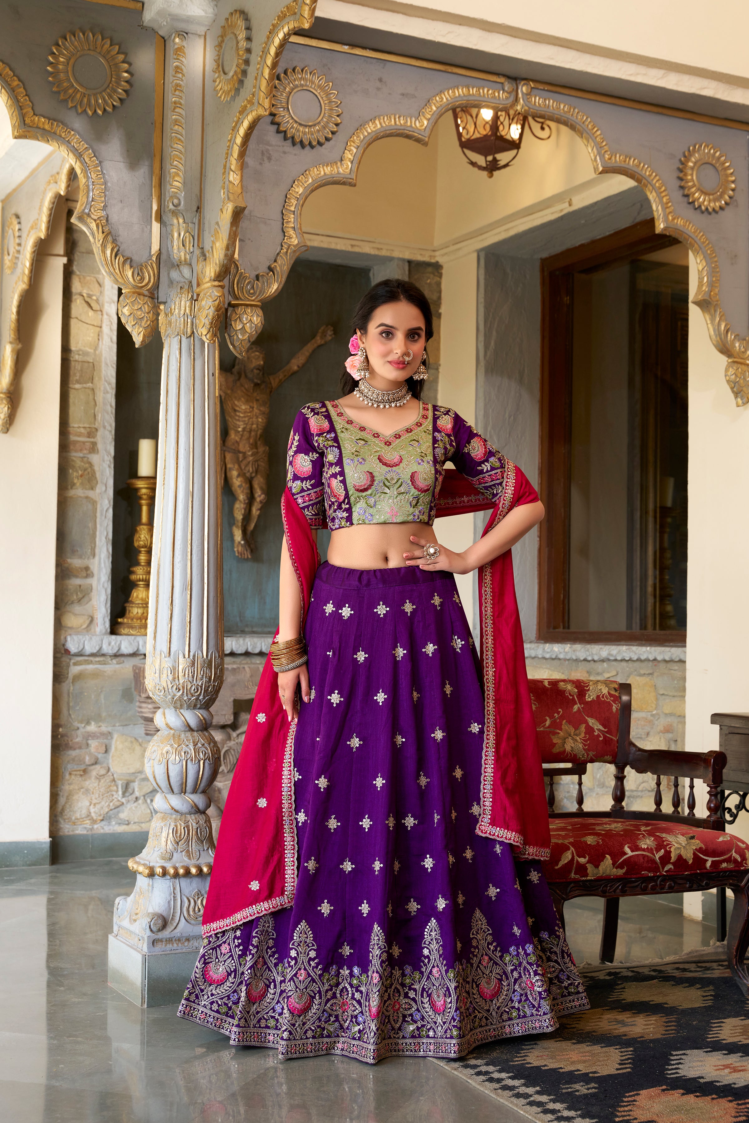 Lorenvalley Purple Vichitra Silk Sequins and Thread Embroidery Work Lehenga Choli with Dupatta - Distacart