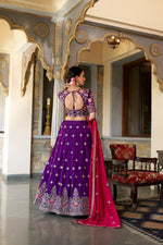 Thumbnail for Lorenvalley Purple Vichitra Silk Sequins and Thread Embroidery Work Lehenga Choli with Dupatta