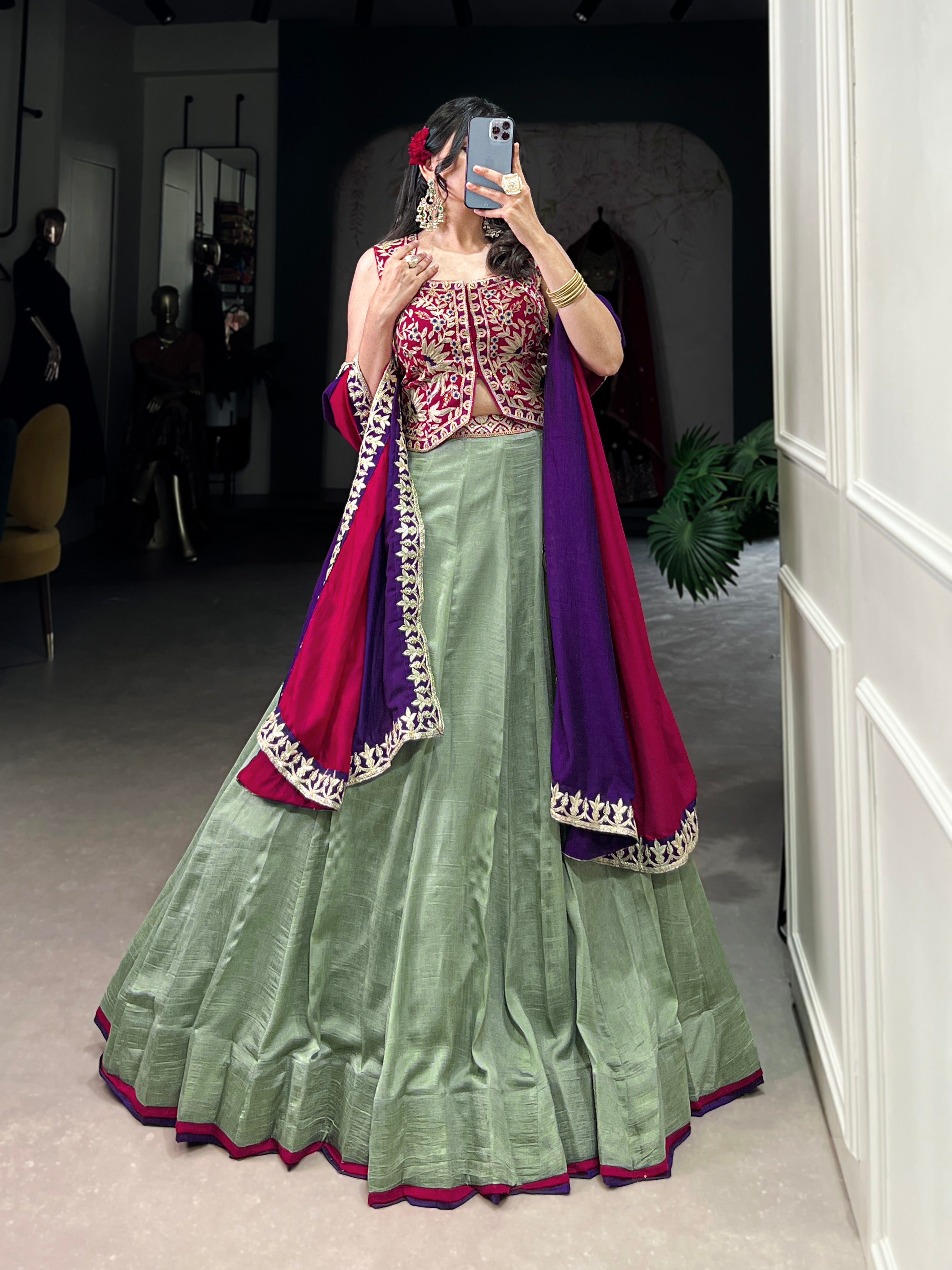 Lorenvalley Seagreen Vichitra Silk Plain With Sequins and Thread Embroidery Work Belt Lehenga Choli - Distacart