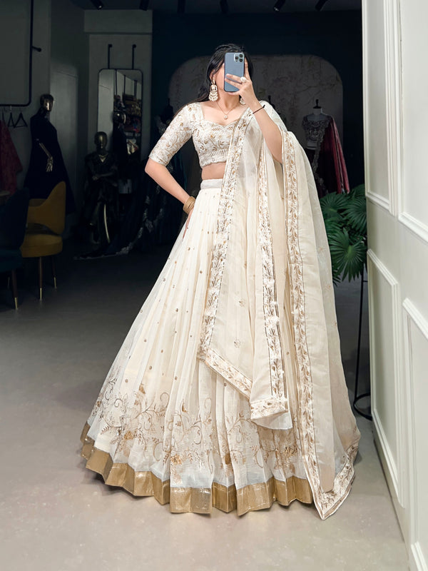 Lorenvalley Off White Silver Glosy Fabric with Sequins and Embroidery with Foil Work Lehenga Choli - Distacart