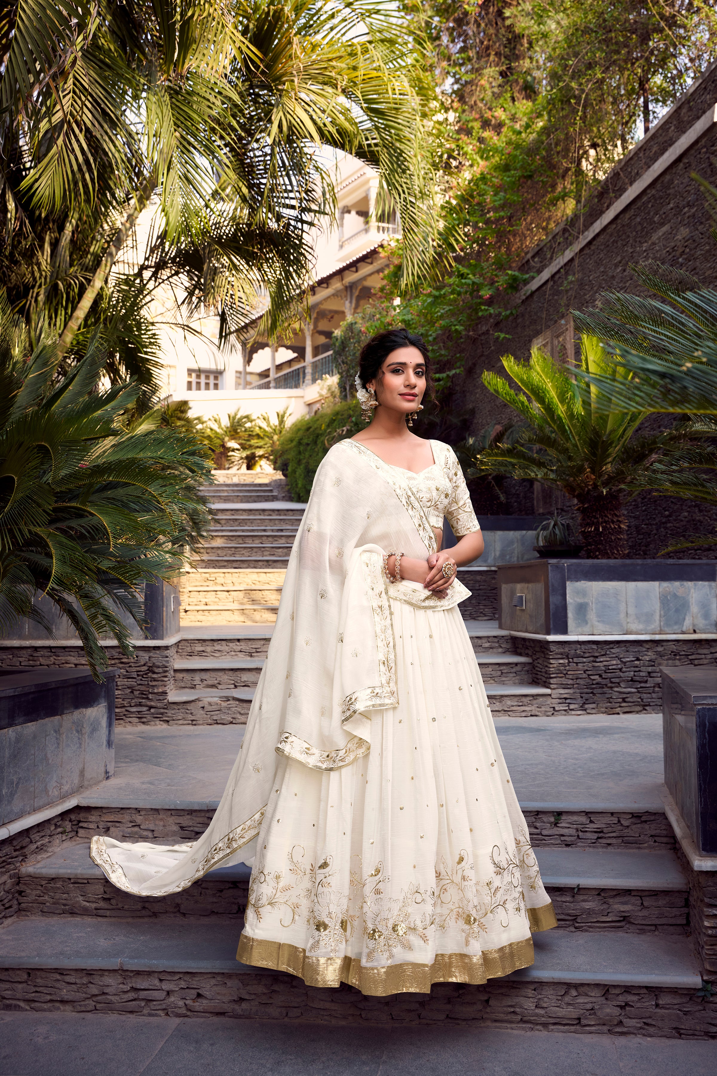 Lorenvalley Offwhite Silver Glosy Fabric Sequins and Embroidery with Foil Work Lehenga Choli with Dupatta