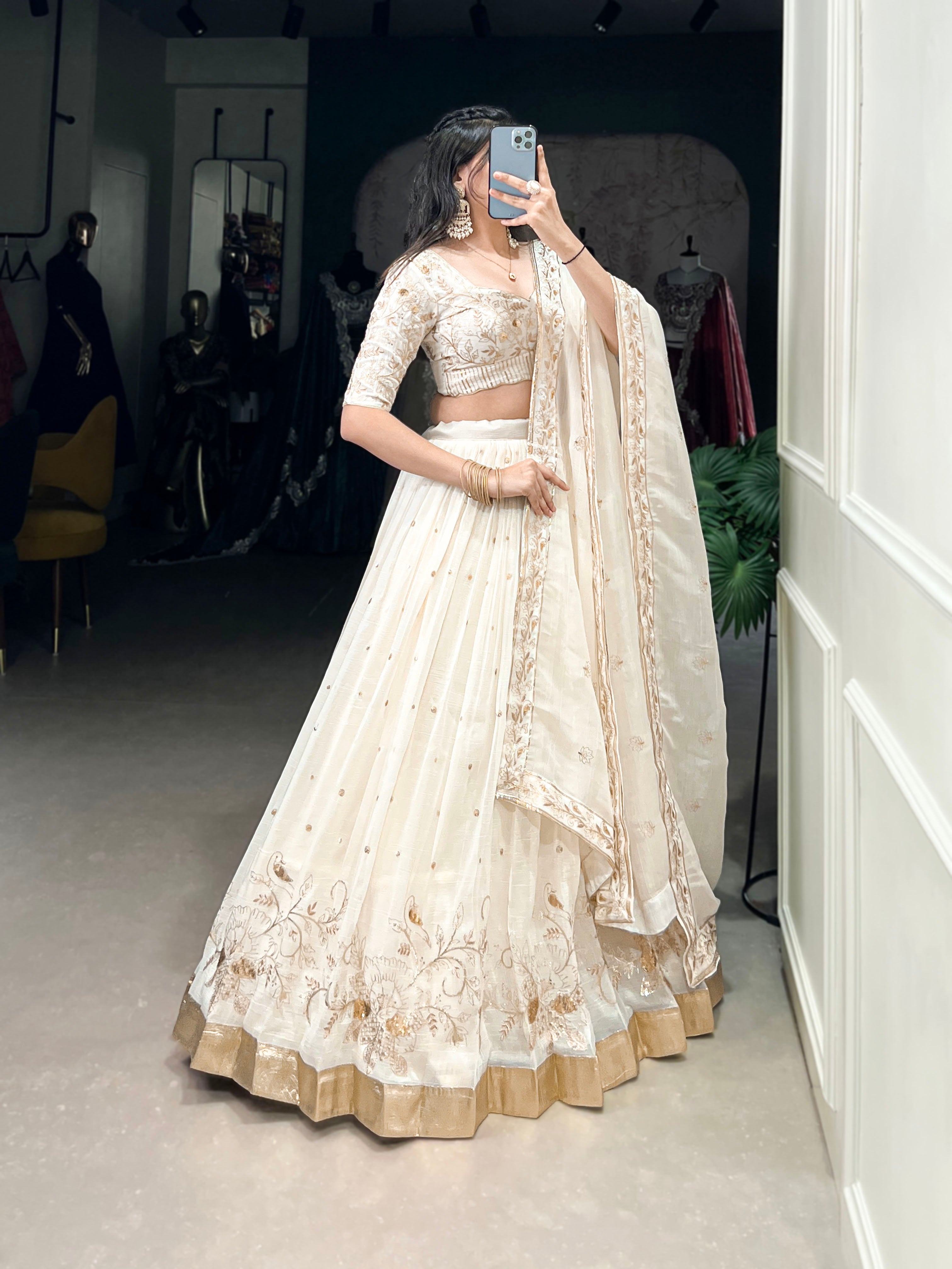Lorenvalley Off White Silver Glosy Fabric with Sequins and Embroidery with Foil Work Lehenga Choli - Distacart