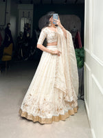 Thumbnail for Lorenvalley Off White Silver Glosy Fabric with Sequins and Embroidery with Foil Work Lehenga Choli - Distacart