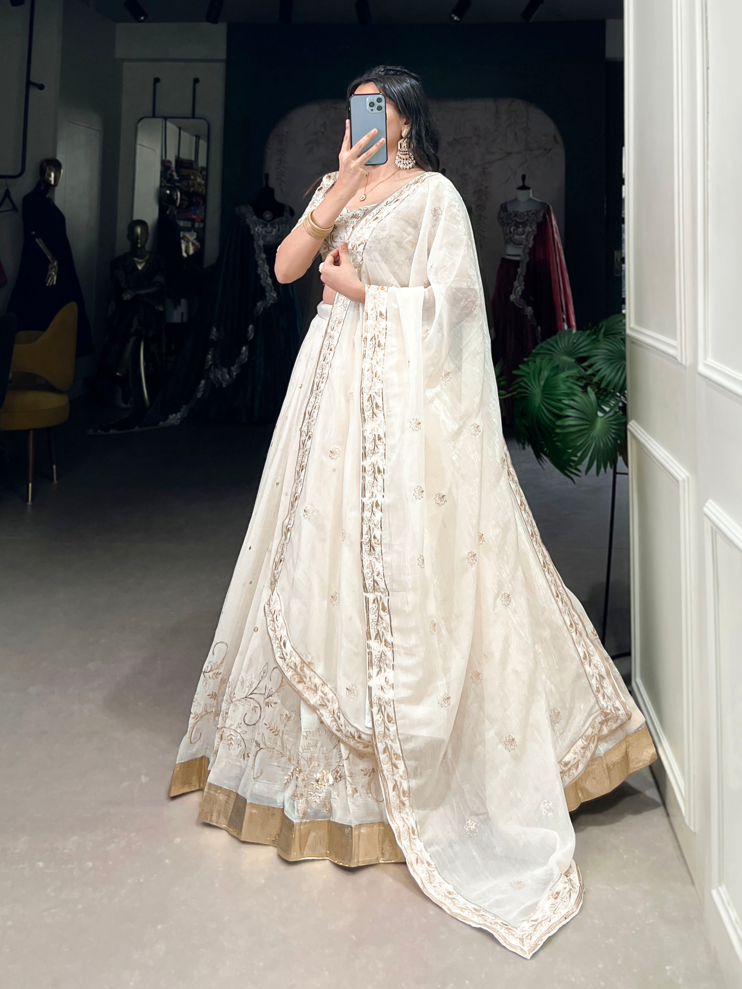 Lorenvalley Off White Silver Glosy Fabric with Sequins and Embroidery with Foil Work Lehenga Choli - Distacart