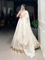 Thumbnail for Lorenvalley Off White Silver Glosy Fabric with Sequins and Embroidery with Foil Work Lehenga Choli - Distacart