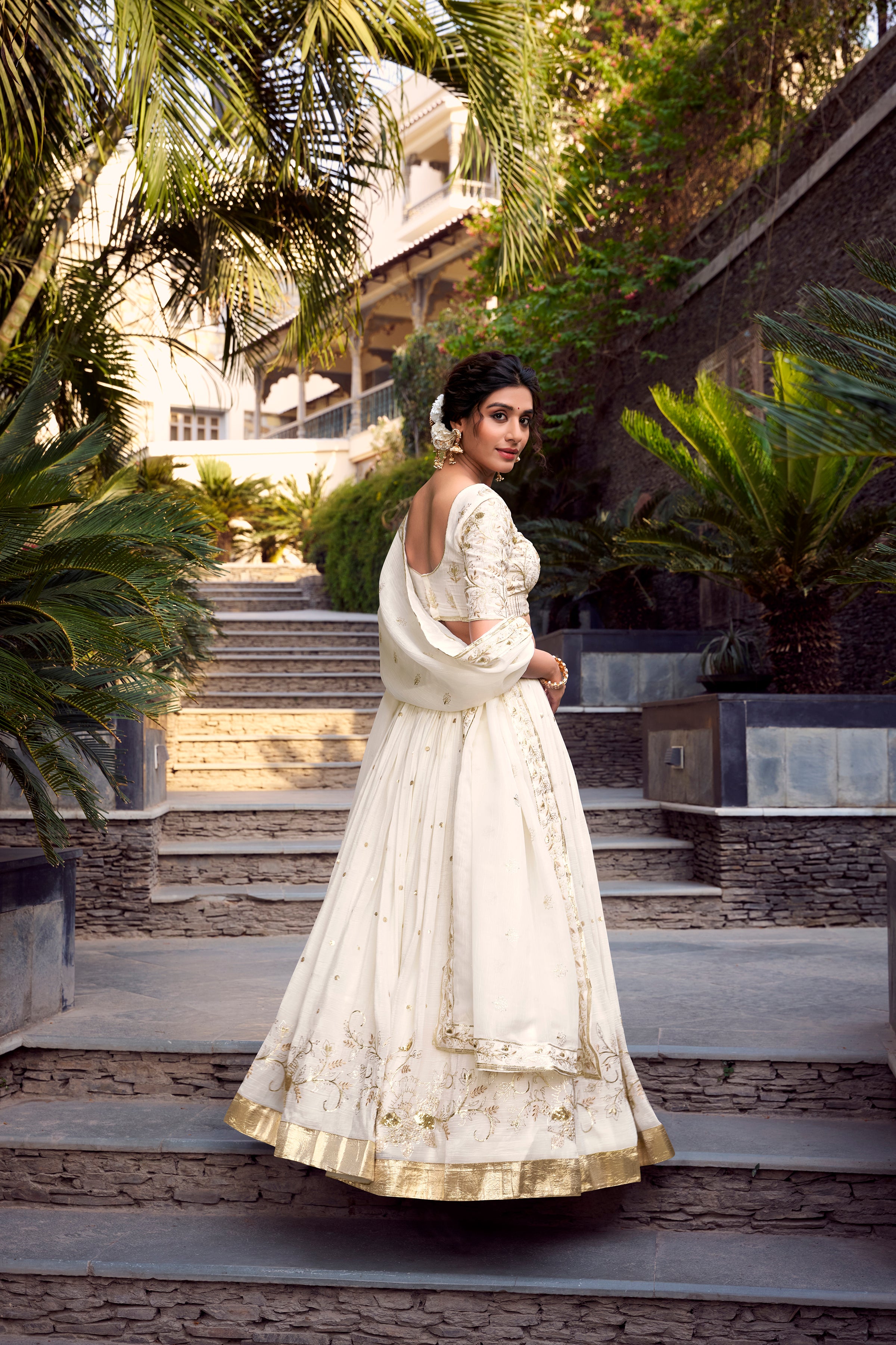 Lorenvalley Offwhite Silver Glosy Fabric Sequins and Embroidery with Foil Work Lehenga Choli with Dupatta