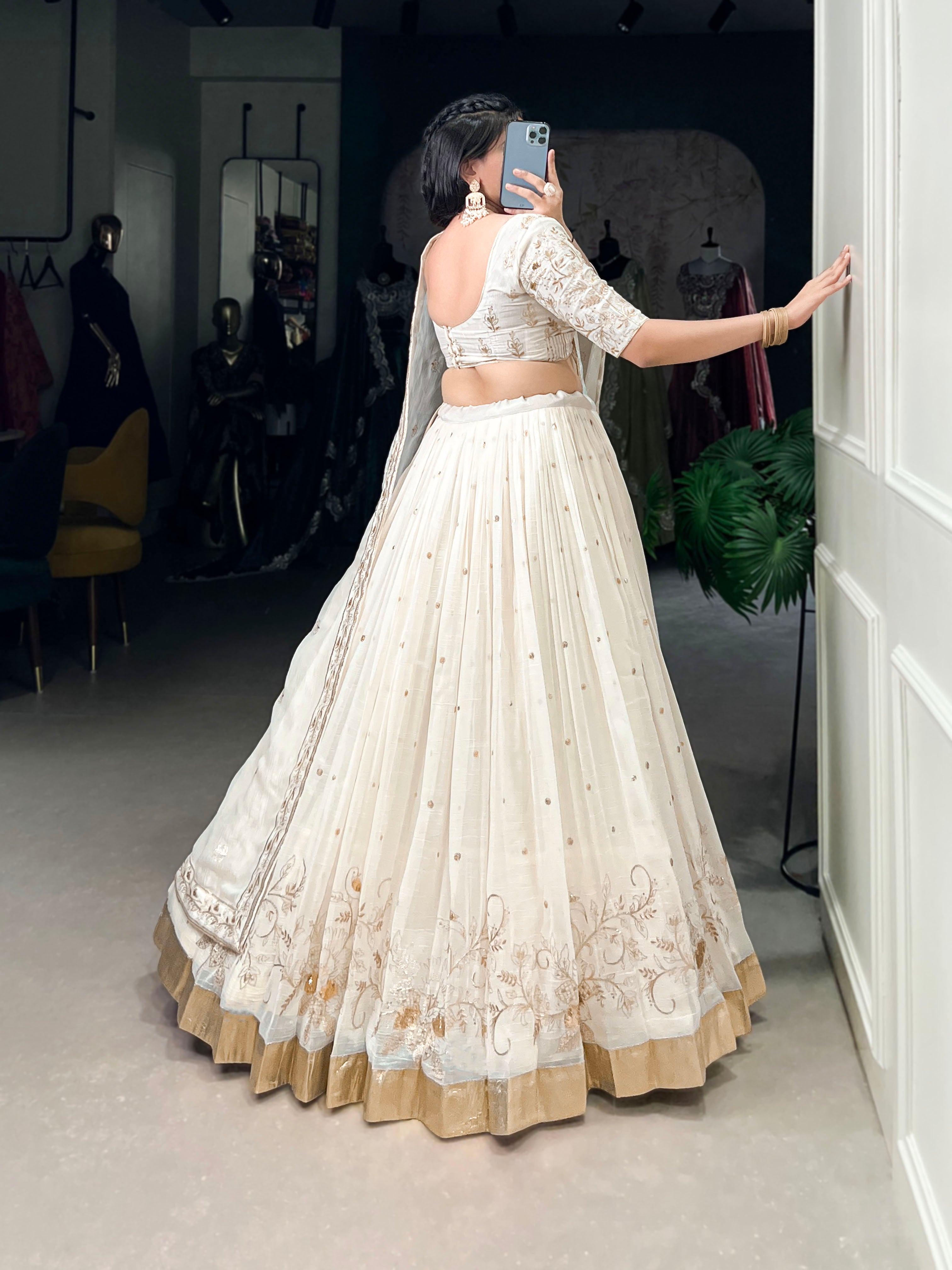 Lorenvalley Off White Silver Glosy Fabric with Sequins and Embroidery with Foil Work Lehenga Choli - Distacart