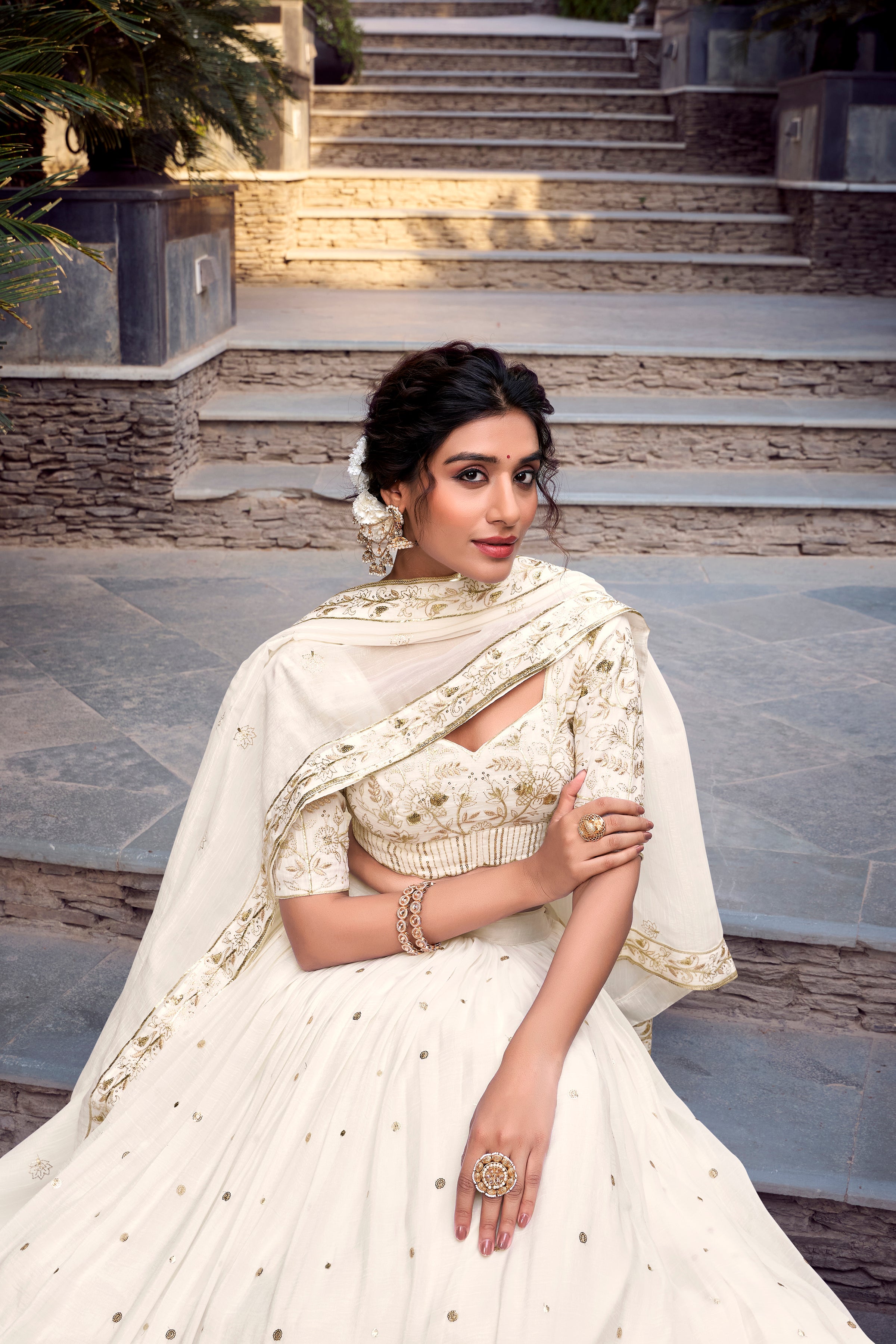 Lorenvalley Offwhite Silver Glosy Fabric Sequins and Embroidery with Foil Work Lehenga Choli with Dupatta