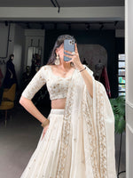 Thumbnail for Lorenvalley Off White Silver Glosy Fabric with Sequins and Embroidery with Foil Work Lehenga Choli - Distacart