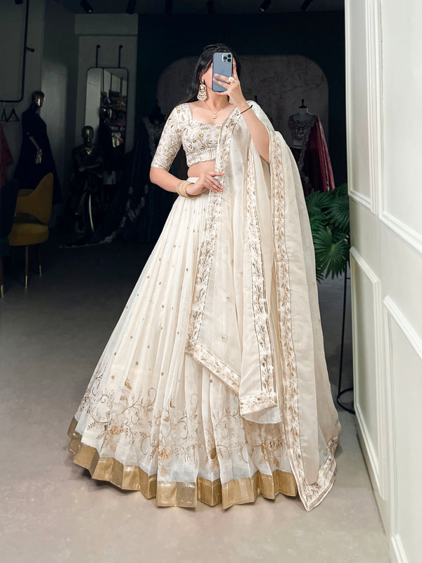 Lorenvalley Off White Silver Glosy Fabric with Sequins and Embroidery with Foil Work Lehenga Choli - Distacart