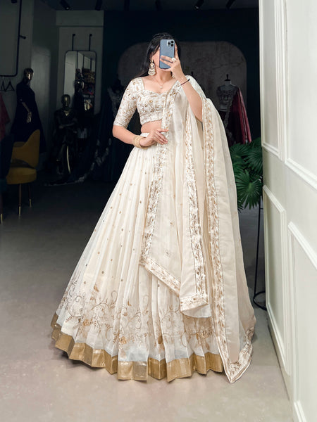 Lorenvalley Off White Silver Glosy Fabric with Sequins and Embroidery with Foil Work Lehenga Choli - Distacart
